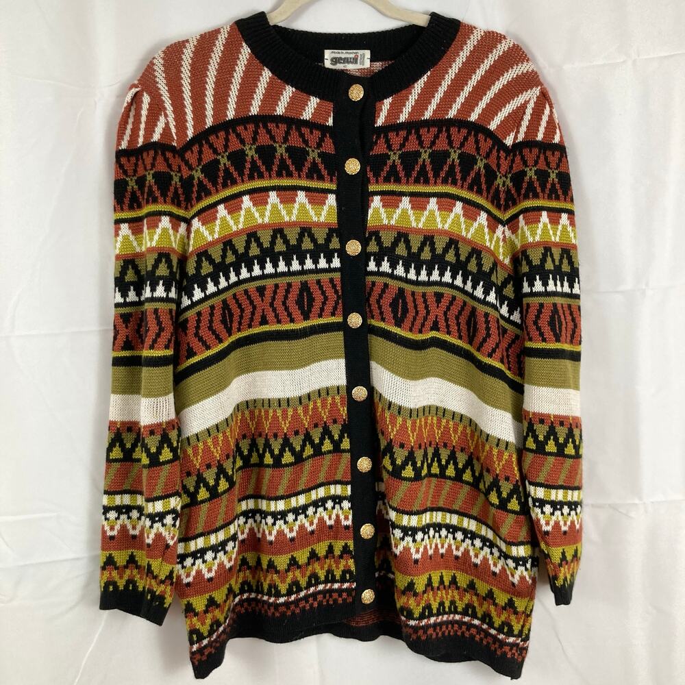 Vintage Gerwi Womens L/42 Funky Geometric Grandpa Cardigan 80s Eclectic Designer
